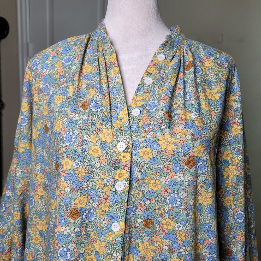 MABLE Cottagecore Tiered Maxi Shirt Dress Groovy Floral Print Spring Vacation - Picture 9 of 16